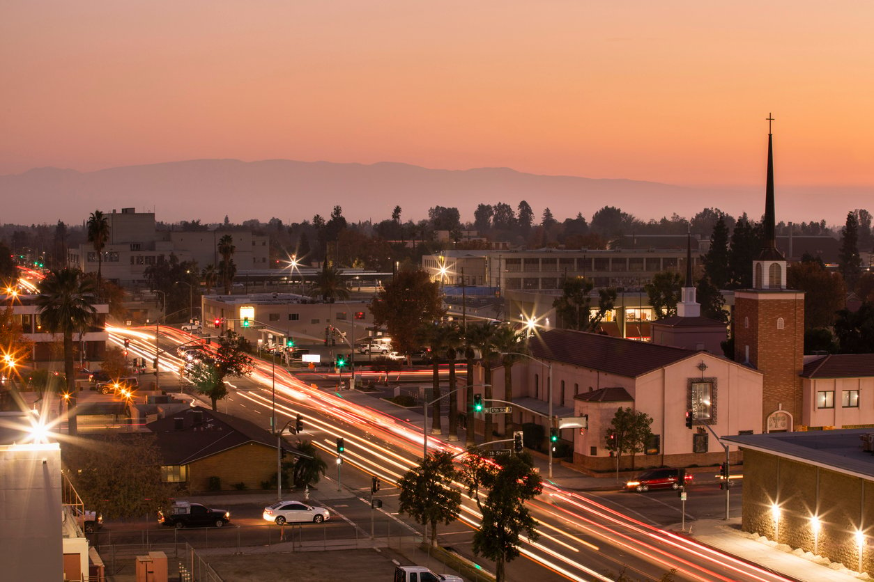 Long exposure showing cars driving through Bakersfield, 