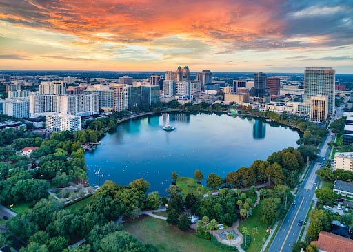 Orlando, Florida, USA Downtown Drone Skyline Aerial.